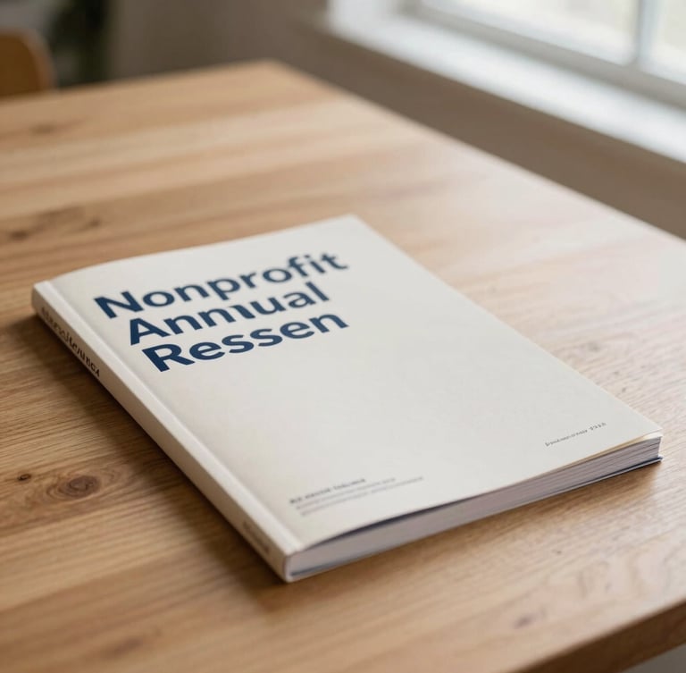 A flat lay of a printed nonprofit annual report on a minimalist warm oak table, soft window light, clean Swiss typography on the cover, shallow depth of field.
