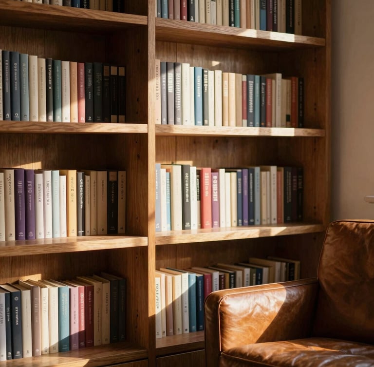 Warm environmental shot of clean wooden bookshelves filled with books, a comfortable leather armchair in a sunlit corner, soft directional window light with long shadows