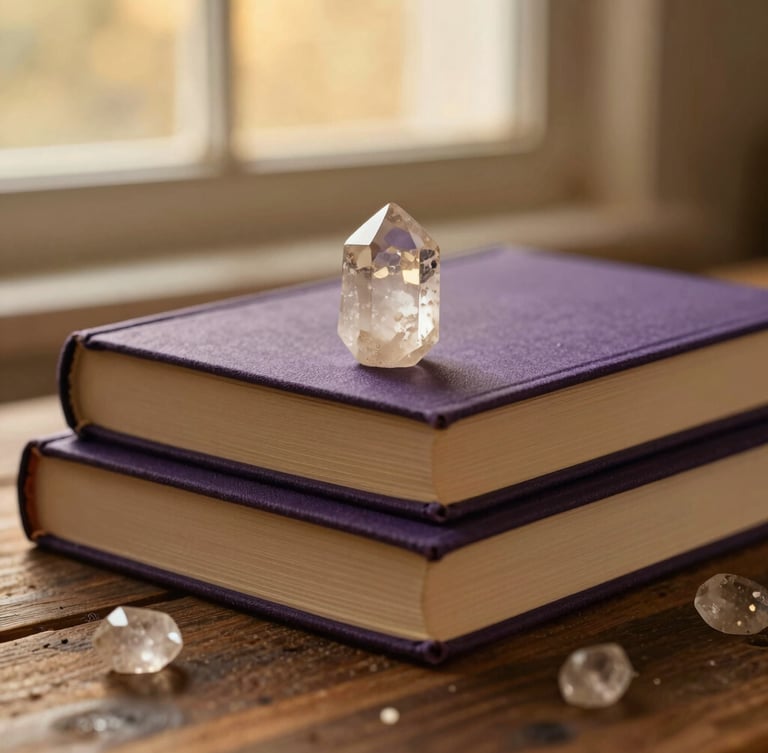 Close-up of stacked linen-bound books and raw quartz crystals on a rustic wooden table, soft golden-hour window light, warm amber tones, shallow depth of field
