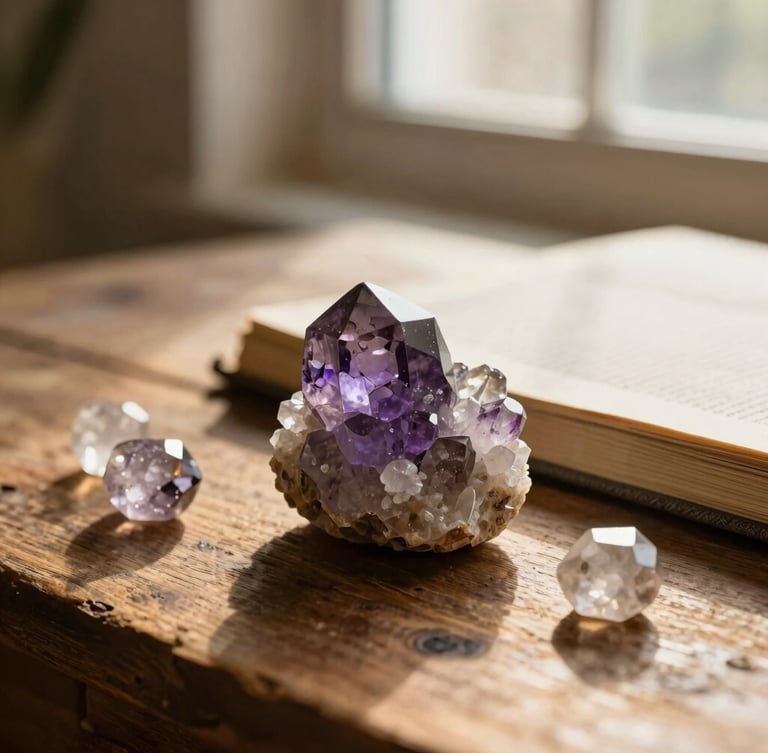 Close-up of raw quartz crystals and a linen-bound book resting on a rustic wooden table, soft window light, warm golden tones, shallow depth of field