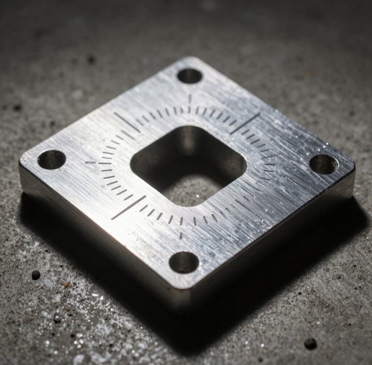 Extreme close-up of a milled aluminum layout square resting on raw concrete dust, hard dramatic side-lighting emphasizing laser-etched metric increments and metallic texture, deep shadows, 50mm lens