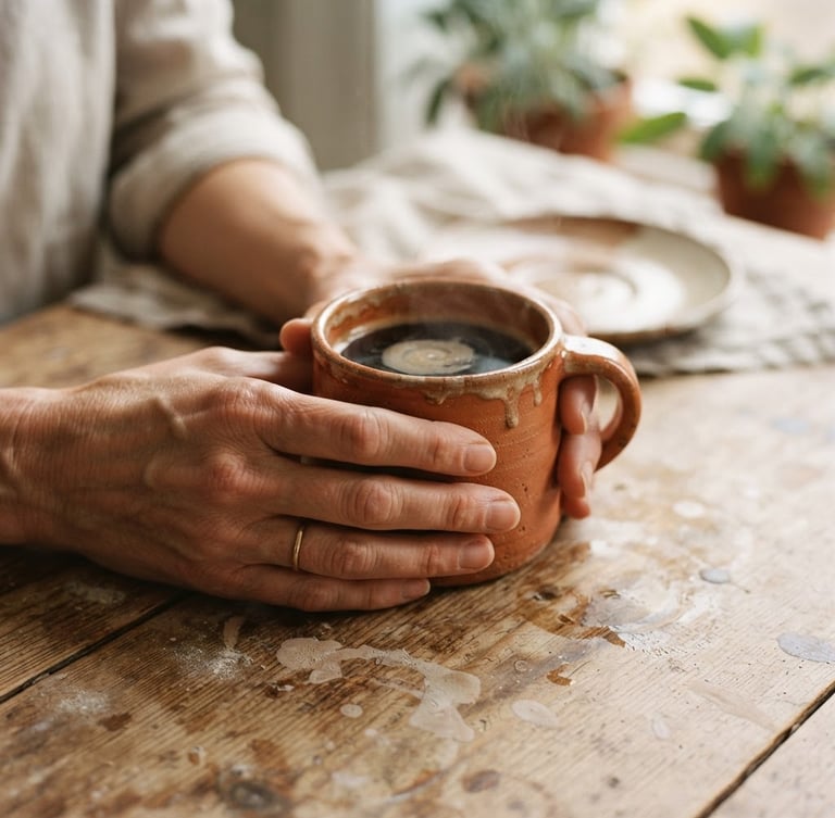 Close-up of hands holding a warm terracotta-glazed ceramic mug filled with coffee, soft morning window light, earthy clay splatters on a wooden table, shallow depth of field, 35mm