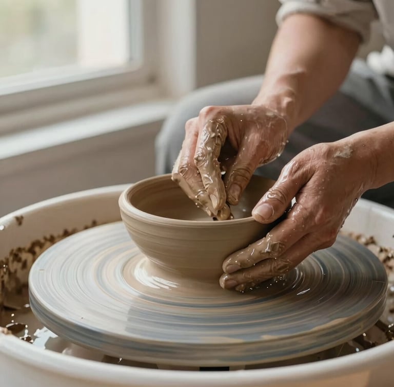 Close-up of a potter's hands shaping a wet terracotta clay bowl on a spinning wheel, water splattering, soft morning window light, warm earthy tones.