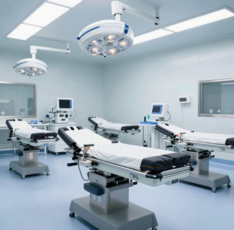 Wide shot of a modern, sterile surgical training lab with multiple dissection stations, bright cool clinical lighting, stainless steel equipment, sharp focus