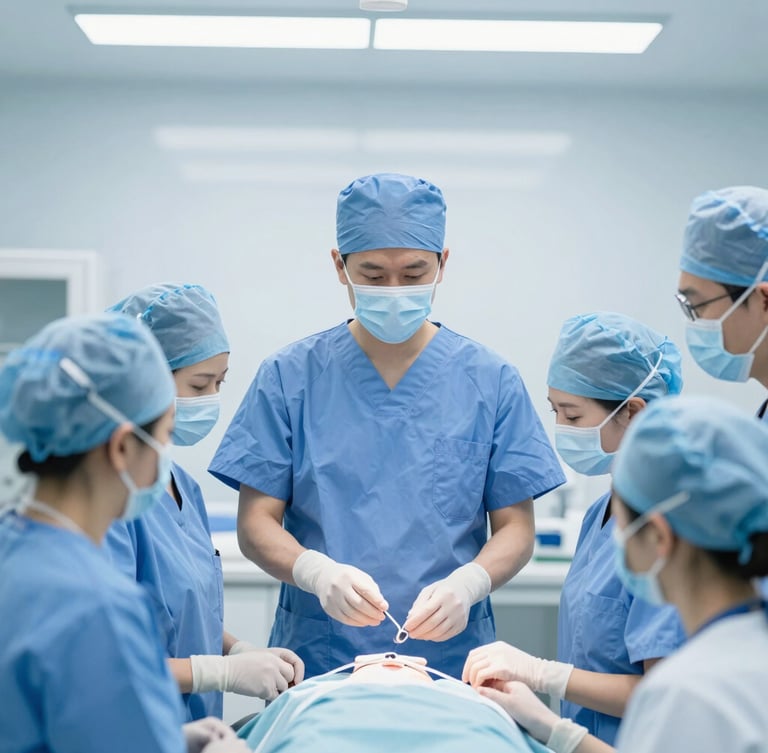 A focused orthopedic surgeon in surgical scrubs guiding a small group of doctors in a bright, modern clinical bioskills training lab, sterile blue and white tones.