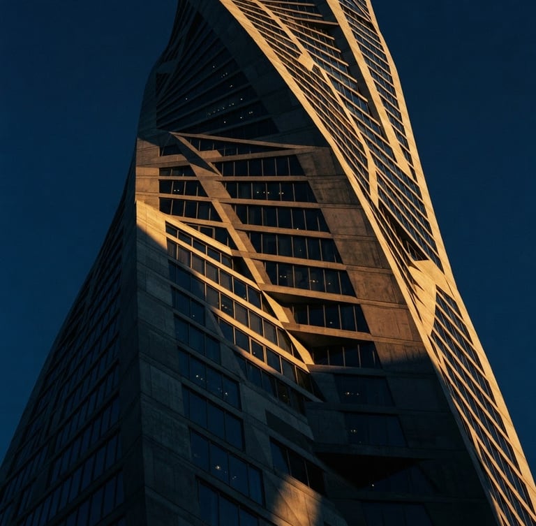 Dramatic low-key architectural photography of a soaring concrete and glass skyscraper facade in Dubai, golden hour sunlight casting sharp geometric shadows, rich navy tones, 35mm