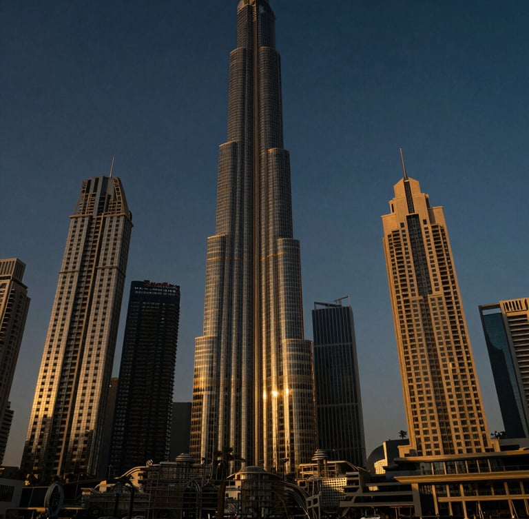 Ultra-wide shot of the Dubai skyline at golden hour, sharp architectural lines, deep shadows, sun reflecting off glass facades, from a low angle.