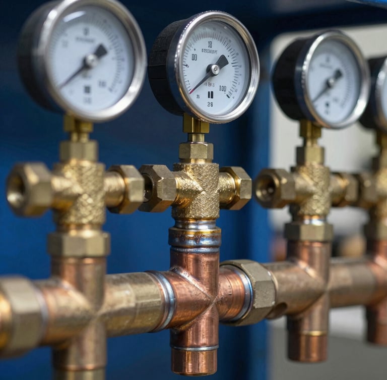 Macro technical detail of clean copper piping welds and brass manifold gauges in a well-lit commercial mechanical room, sharp directional work light, 35mm
