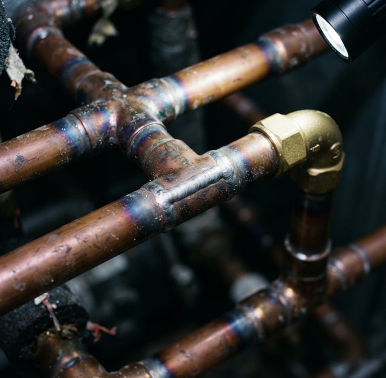Close-up of copper piping welds, sharp directional work light, deep blue and brass tones, macro technical detail, 35mm