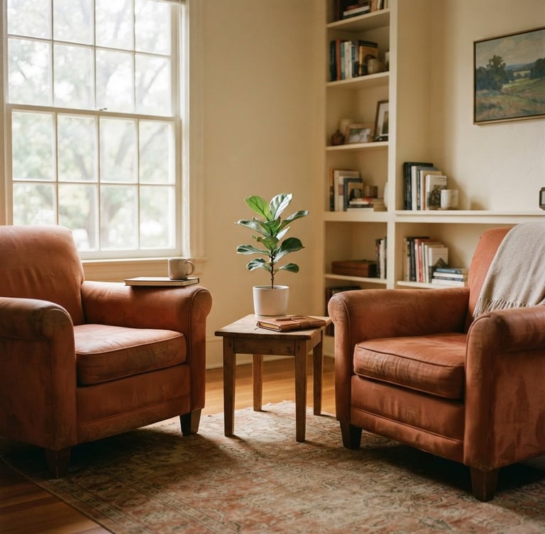 A quiet, sunlit counseling room with soft natural window light, comfortable warm-toned armchairs, a small potted green plant, and a calm, dignified atmosphere, medium format film style.