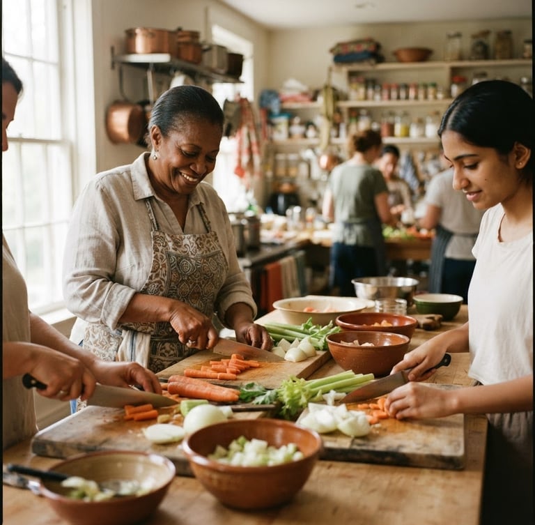 Warm documentary photograph of a sunlit community kitchen, hands preparing fresh vegetables together, soft natural window light, rich earthy tones, medium format film.
