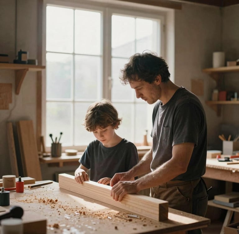 A quiet, sunlit woodshop where a mentor and student examine a joint, soft natural window light, rich earthy tones of sawdust and timber.