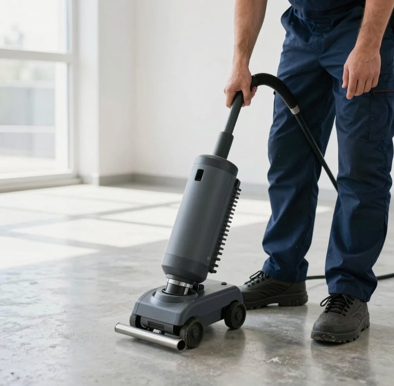 Close-up photograph of a professional cleaning crew member in a clean navy uniform operating an industrial extraction machine on a polished concrete floor, bright daylight flooding the space.