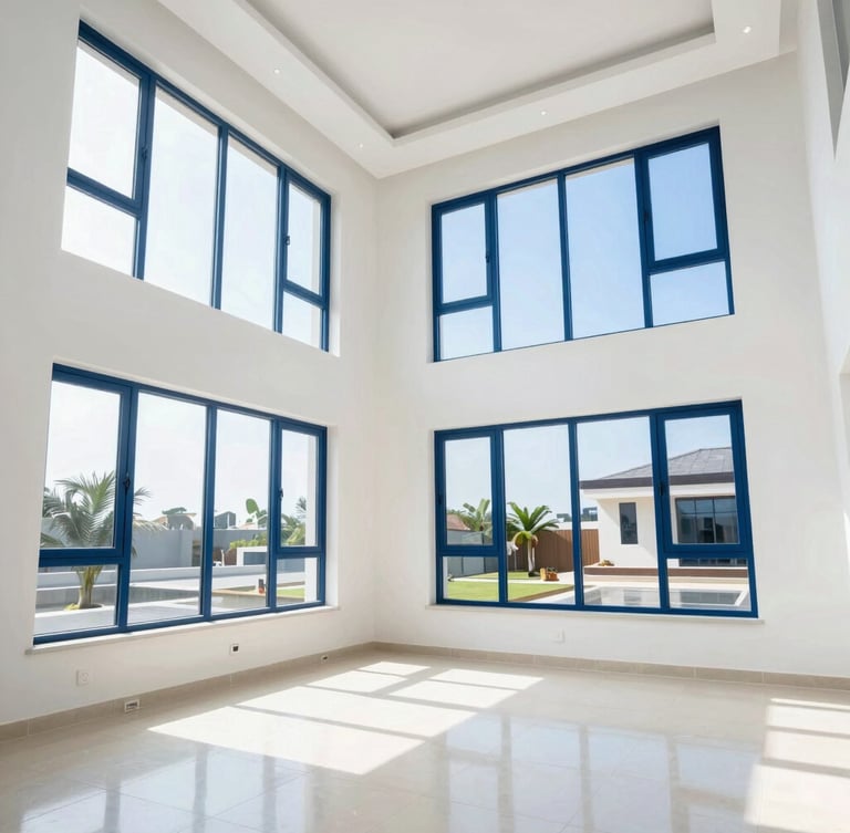 Bright interior photography of a newly built Lagos villa, crisp daylight flooding through tall windows, immaculate polished tiled floors, clean architectural lines