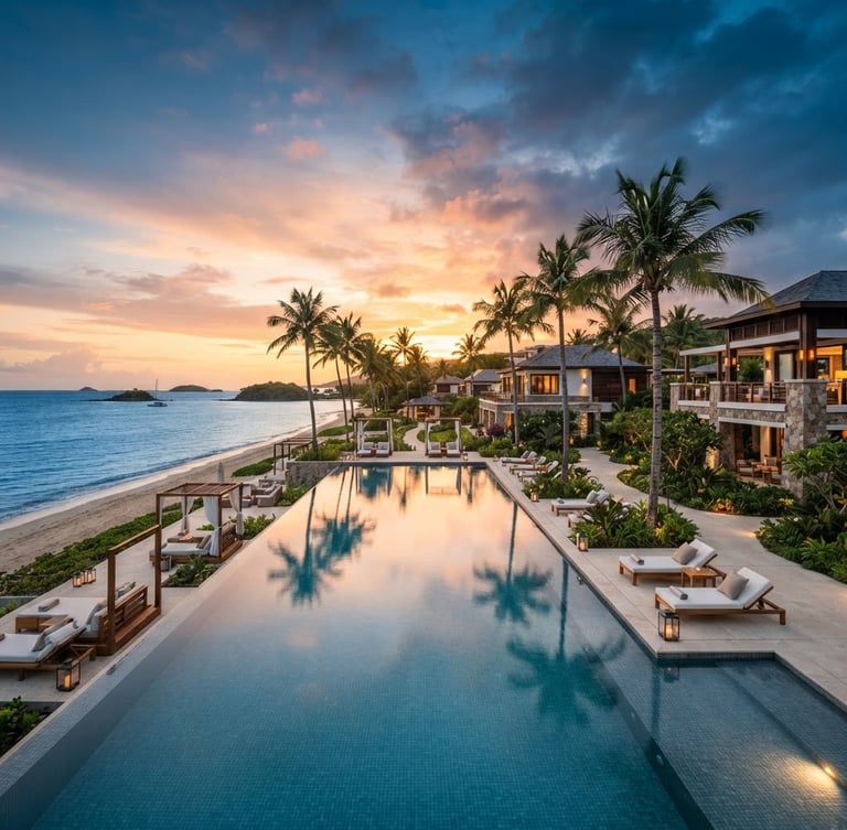 Wide panoramic view of a luxurious beachfront resort at golden hour, infinity pool reflecting the sky, palm trees swaying gently, no people visible, high-end editorial travel photography
