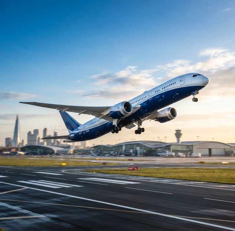 Sleek, modern commercial airplane taking off from a clean, futuristic airport runway at sunrise, with a blurred international city skyline in the background, bright daylight, deep blues and clean whites.