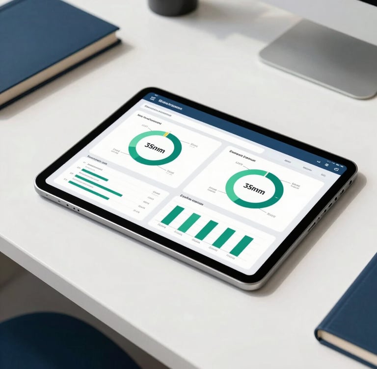 Overhead shot of a clean modern desk with a tablet displaying a clear business metrics dashboard, bright natural daylight, deep navy accents, crisp focus, 35mm lens