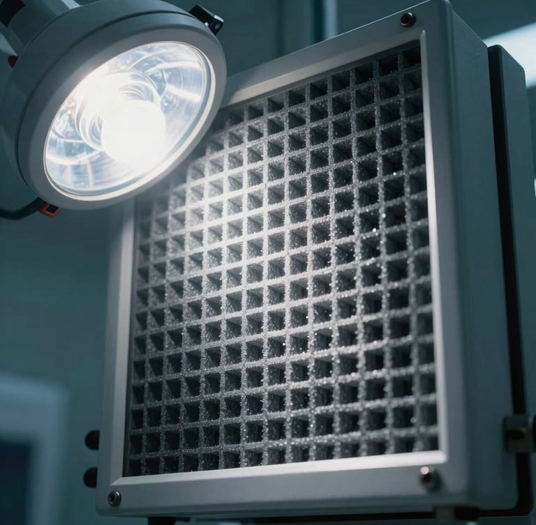 Extreme close-up of a sterile cleanroom HEPA filtration grid, cool diffused shadowless laboratory lighting, clinical macro photography.