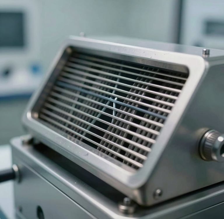 Extreme close-up of a sterile stainless steel air sampler in an empty ISO 5 cleanroom, diffused cool clinical light, sharp metal textures.