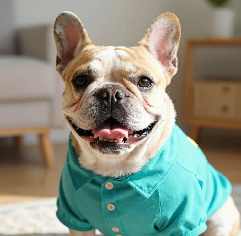 Close-up of a happy French Bulldog wearing a vibrant custom-tailored teal shirt, warm natural daylight, cozy home setting, shallow depth of field