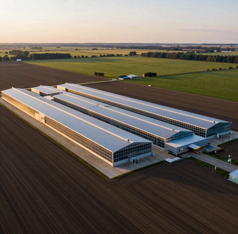 Wide-angle aerial photograph of a large-scale modern Canadian agricultural facility, early morning golden-hour light casting long shadows across rich soil fields and smart-glass structures.