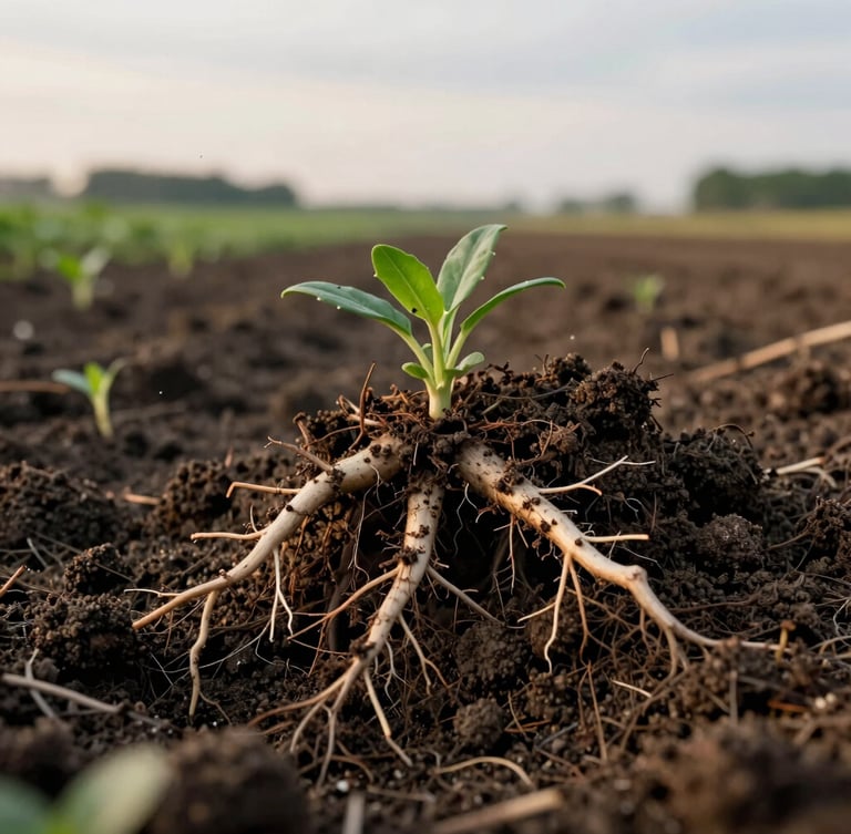 Macro close-up of rich dark Canadian soil teeming with healthy root structures, soft overcast daylight, editorial agrarian realism