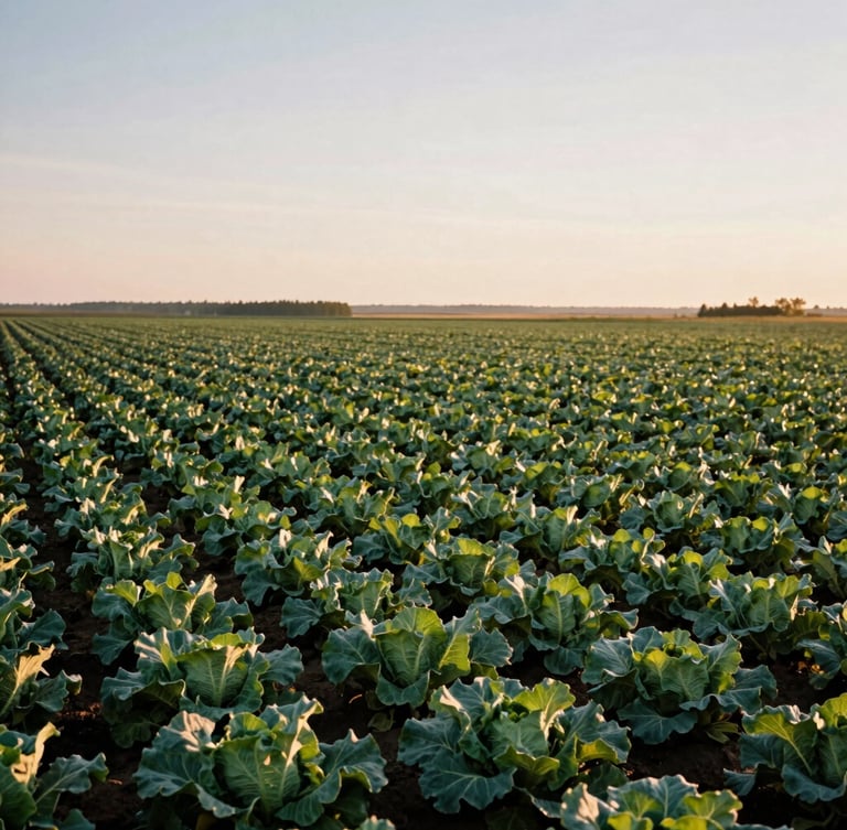 Wide environmental landscape of expansive Canadian vegetable fields under early morning golden-hour light, editorial agrarian photography, cinematic 35mm lens