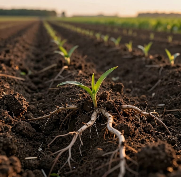 Macro photograph of rich, dark Canadian agricultural soil teeming with organic root structures, early morning golden light, cinematic 35mm lens