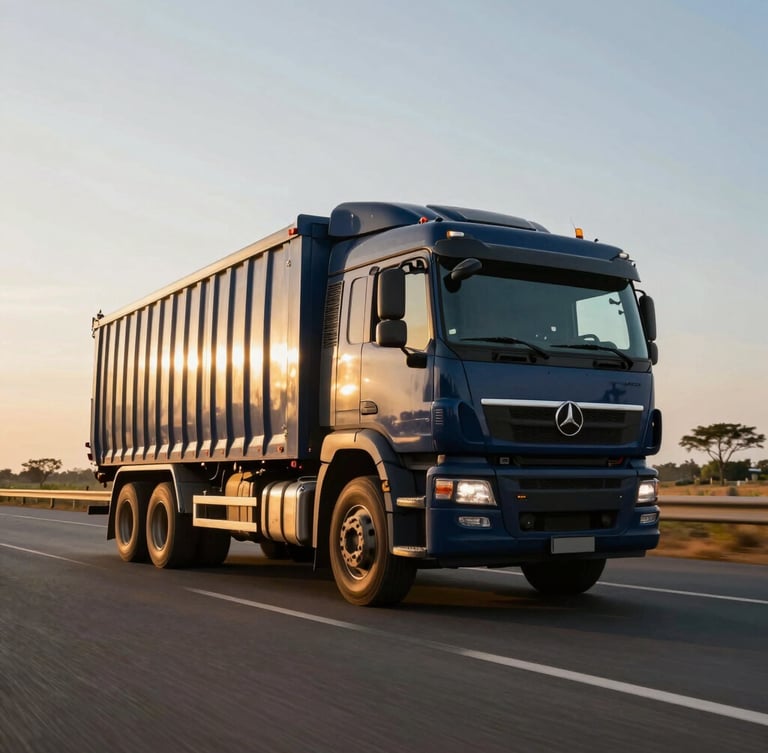 Low-angle shot of a heavy-duty transport truck driving on a clean highway through West African landscape, golden hour sun glinting off the cabin, cinematic industrial photography