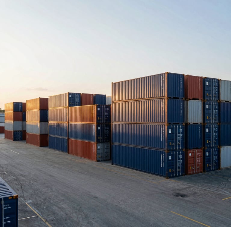 Wide-angle environmental shot of a modern logistics warehouse terminal, container stacks under high-contrast daylight, clean and professional.