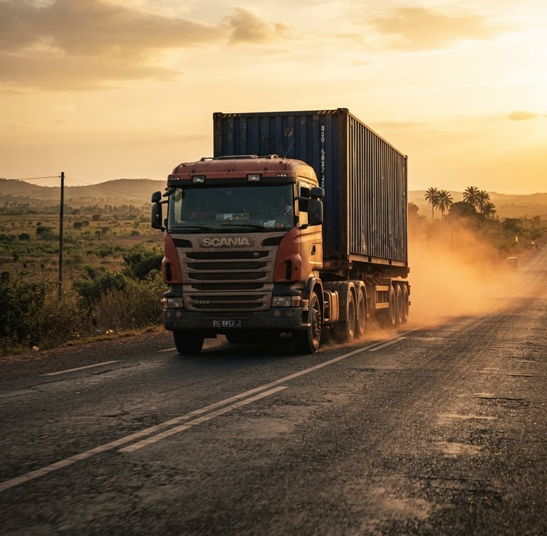 Low-angle dramatic shot of a heavy-duty transport truck on a paved highway in West Africa during golden hour, deep navy cargo container, dust kicking up, cinematic industrial photography style