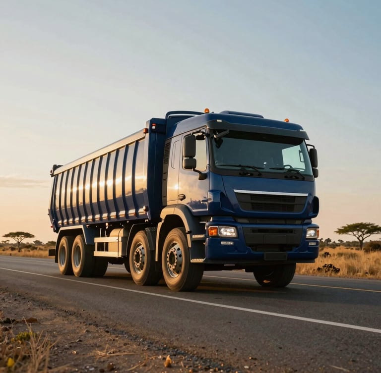Dramatic low-angle portrait of a modern heavy-duty cargo truck driving on a clean highway through the West African savannah, bright golden hour sunlight, deep navy accents, sharp focus, cinematic industrial style.