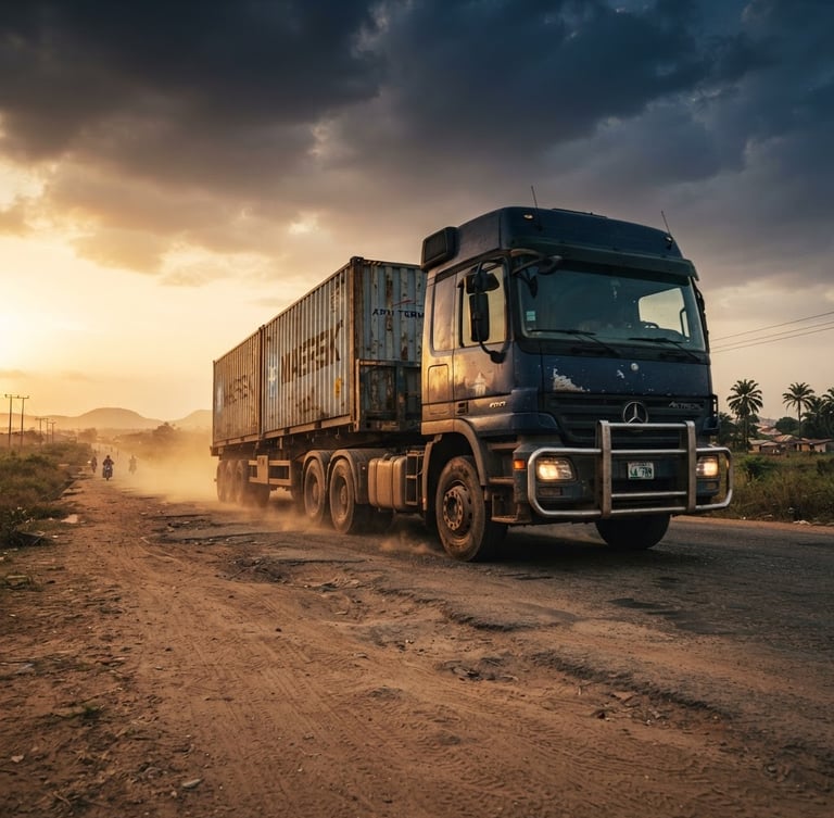 Low-angle dramatic shot of a heavy-duty transport truck on a West African highway at golden hour, dust trailing, cinematic industrial photography, deep navy and golden tones.