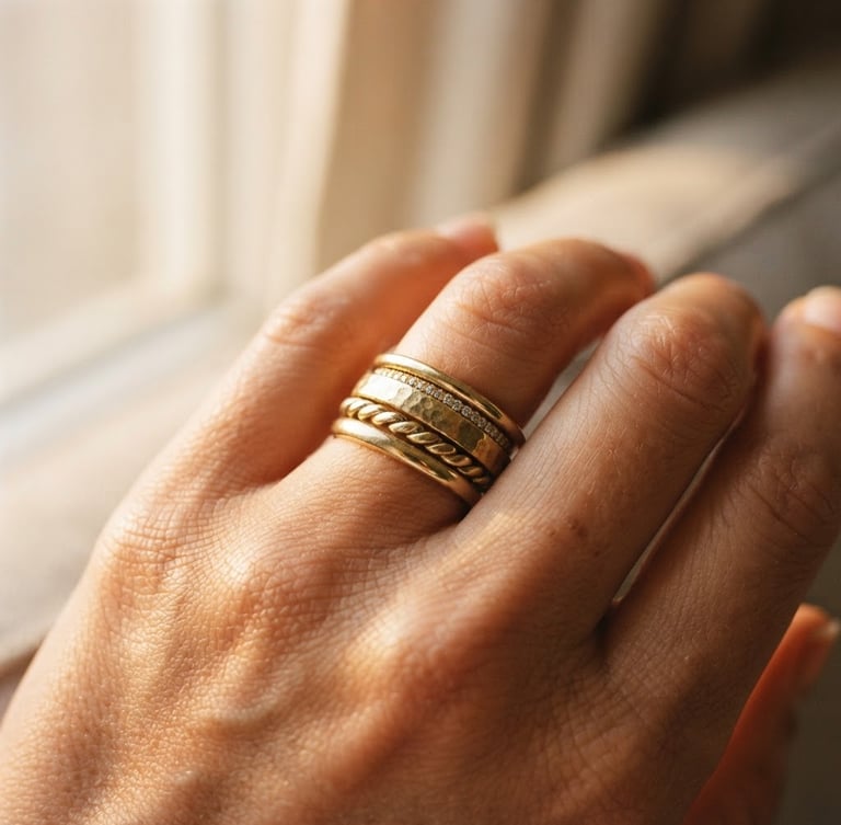 Close-up macro shot of stacked gold rings on warm skin, soft golden-hour window light casting gentle shadows, showing rich metal texture, 35mm photography.