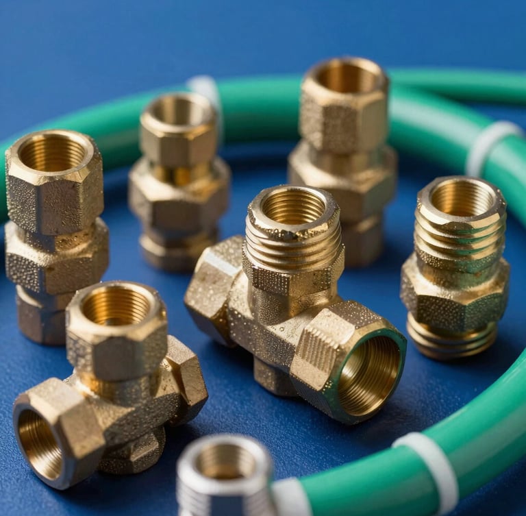 Close-up portrait shot of vintage brass plumbing fittings and modern green electrical conduits, arranged to highlight material quality and heritage, crisp studio lighting, deep blue and metallic tones, high contrast.