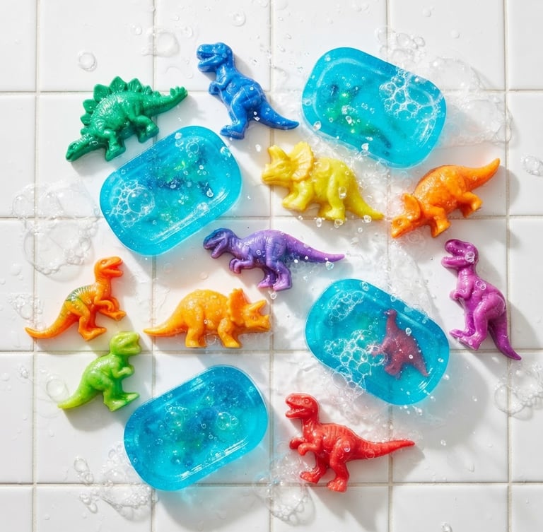 Overhead shot of vibrant, dinosaur-shaped soaps and neon blue resin soap dishes on a clean white tile background, sunny morning light, water splashes and real bubbles
