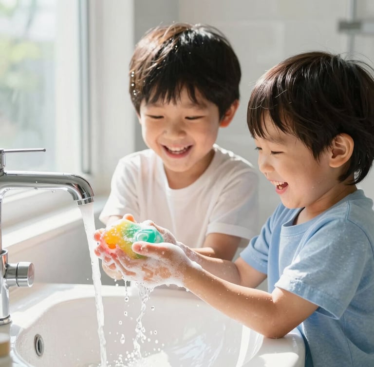 A parent and young child laughing together at a bright bathroom sink, holding a foaming bar of colorful soap under running water, high-key natural light