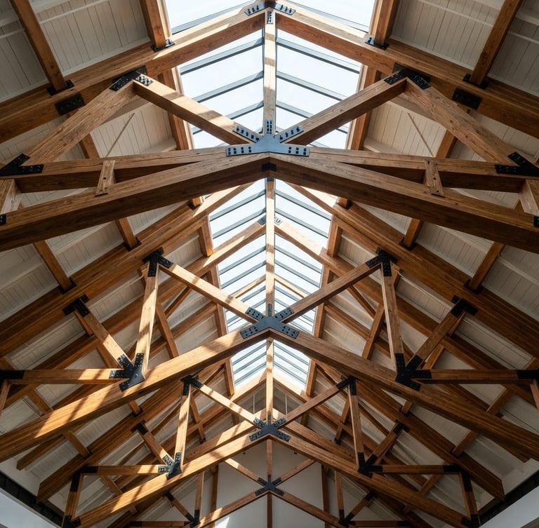Low-angle architectural shot looking up through a complex Douglas fir timber roof truss system under bright morning sun, sharp shadows showcasing geometric framing.