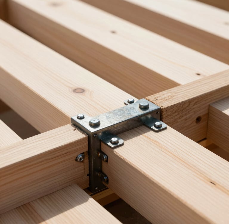 Crisp close-up photography of perfectly aligned timber joints and heavy-duty steel hardware, sharp natural daylight, high-contrast wood grain and dark steel, 35mm