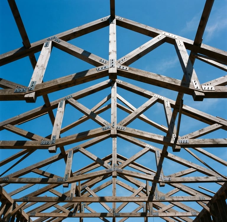 Low-angle architectural shot of complex exposed timber roof trusses under a crisp blue sky, sharp shadows highlighting structural depth, 35mm