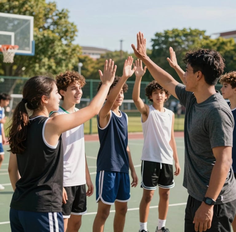 Active group of diverse youth high-fiving a mentor on an outdoor basketball court, bright natural sunlight, energetic action shot, 35mm