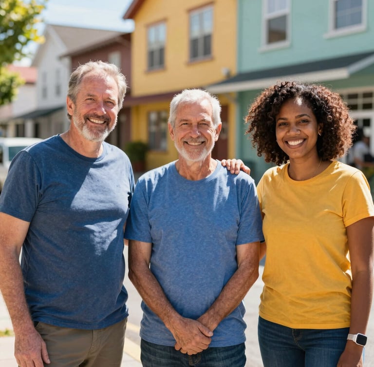A warm, sunlit portrait of three diverse community leaders standing together outside a colorful neighborhood center, smiling confidently, bright daylight