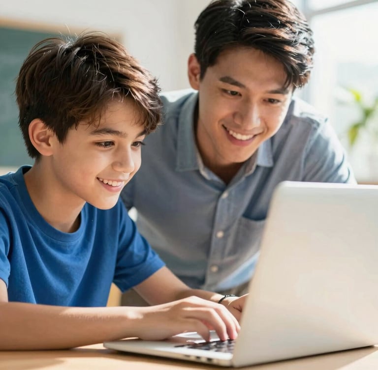 Close-up action shot of a young mentor guiding a teenager on a laptop in a sunlit workspace, both smiling, shallow depth of field, 35mm