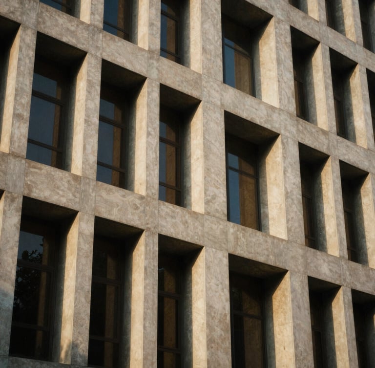 Close-up architectural crop of modern Indian corporate headquarters, structured geometric concrete columns, warm morning window light, 35mm photography