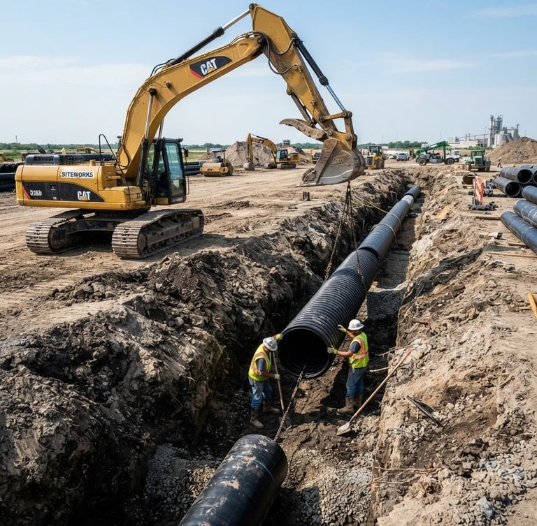 Wide-angle industrial construction photography of heavy machinery laying large-diameter black HDPE water pipes in a deep trench, bright natural outdoor daylight, rugged textures of earth and concrete, 35mm lens.