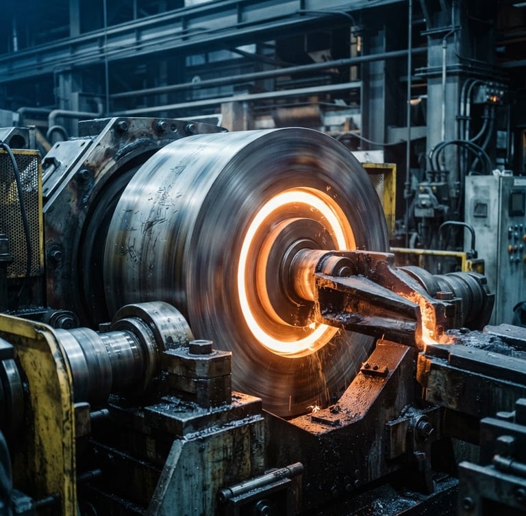 Macro photograph of a heavy steel centrifugal casting die spinning at high speed, cool industrial steel tones, sharp details, 50mm