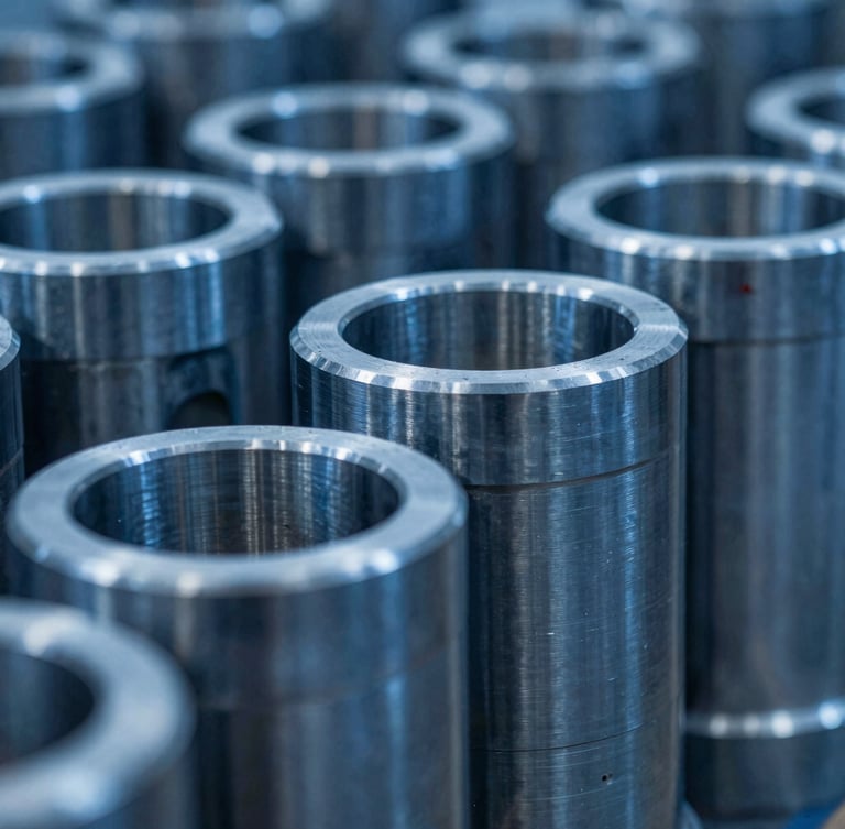 Macro photograph of machined steel-blue alloy cylinder liner, industrial documentary style, sharp details, high contrast