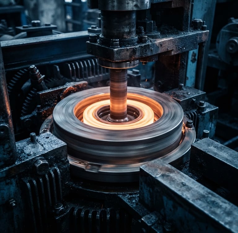 Macro close-up of a vertical centrifugal casting machine spinning at high speed, glowing molten bronze forming a perfect ring inside the die, high-contrast industrial lighting, cool steel-blue atmosphere