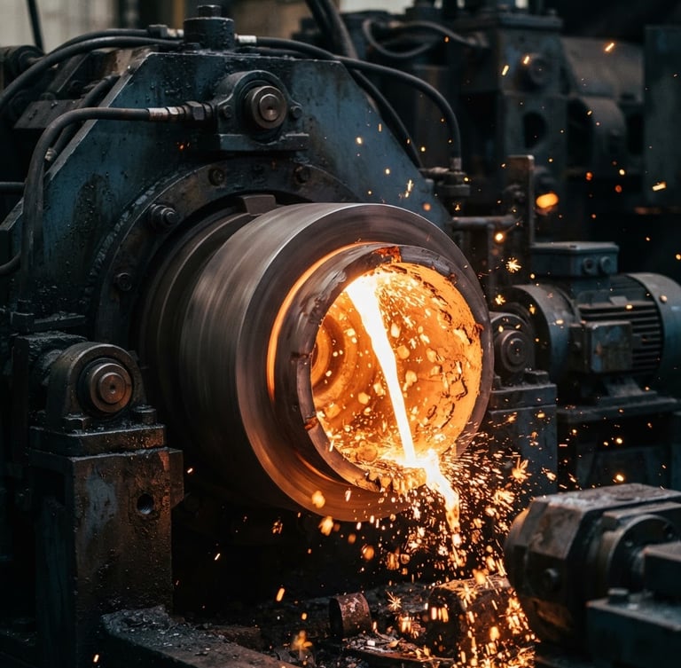 Macro close-up of a horizontal centrifugal casting machine spinning die, intense orange sparks, cool steel-blue machine frame, industrial documentary style.