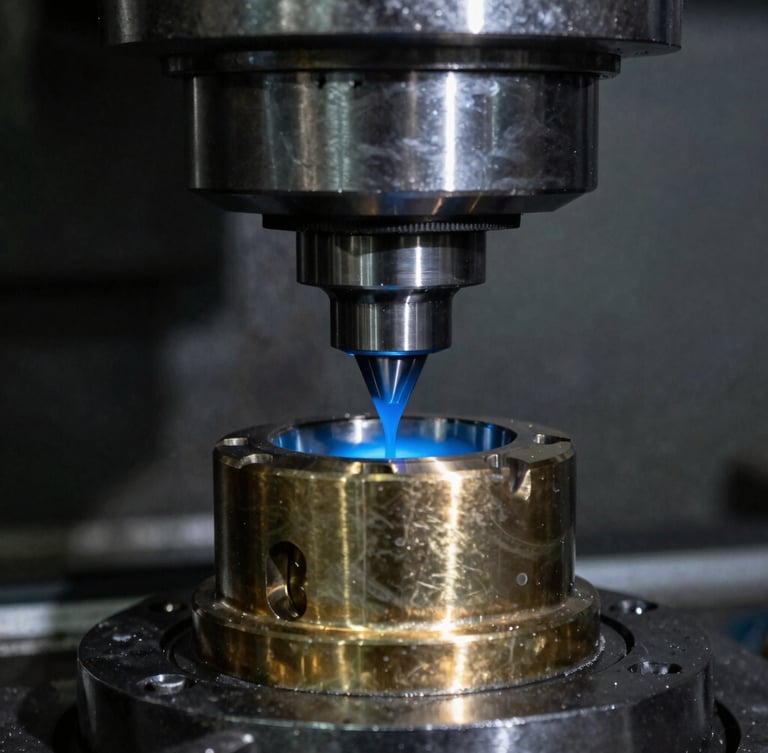 Macro close-up of a CNC lathe precision-turning a centrifugally cast bronze bushing, cool blue cutting fluid spraying, sharp metallic highlights, industrial documentary style.